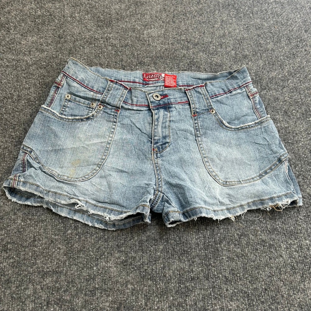 Lazer Jeans Denim Shorts Womens Size 5 Blue Ramie Cotton Red Stitch Y2K Frayed